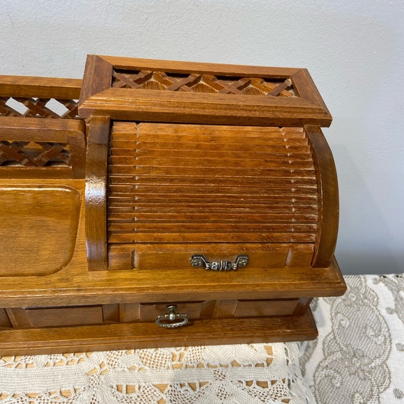 Vintage Wooden Roll-top Desk Jewelry Box Valet - Picture 2 of 11